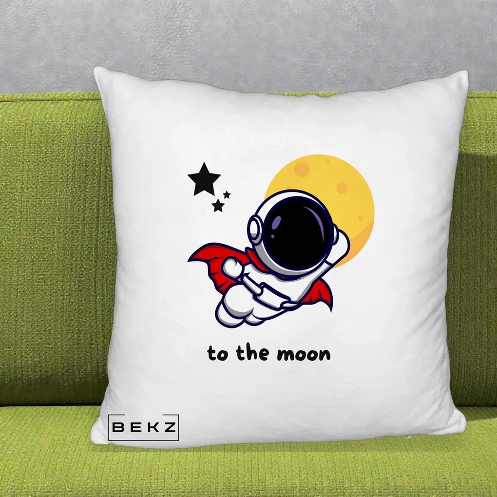 Perna Decorativa Astronaut To The Moon, 40x40 cm, Alb Pufos, Husa Detasabila, Perna Inclusa, BEKZ®