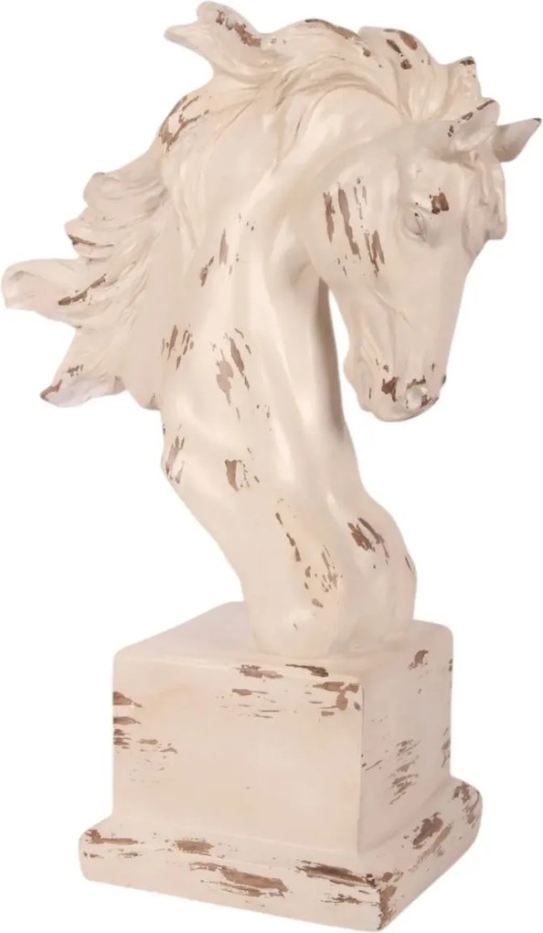 Statuetă decorativă din polirășină, crem, cap de cal alb pe soclu pătrat, aspect vintage, finisaj decapat, 38 x 26 x 13 cm, „Lipizzan”