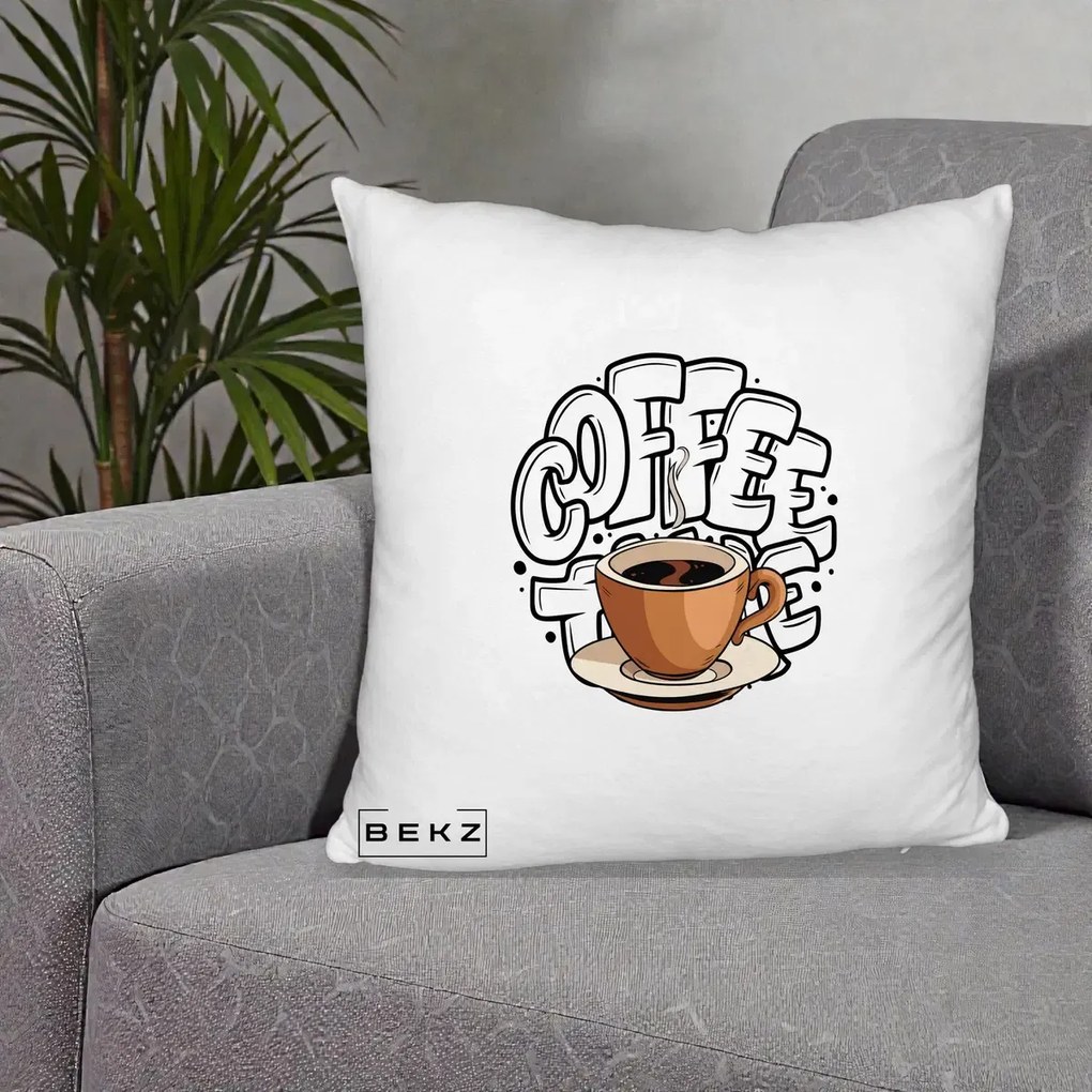 Perna Personalizata COFFEE cu Cana, 40x40 cm, Alb Pufos, Husa Detasabila, Perna Inclusa, BEKZ®