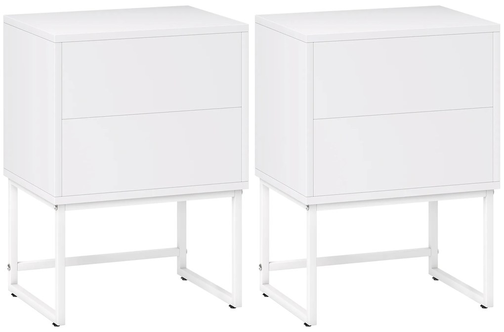 HOMCOM Set de 2 Noptiere Înguste cu 2 Sertare Deschidere la Presiune și Picioare din Oțel 40x30x55 cm Alb | Aosom Romania