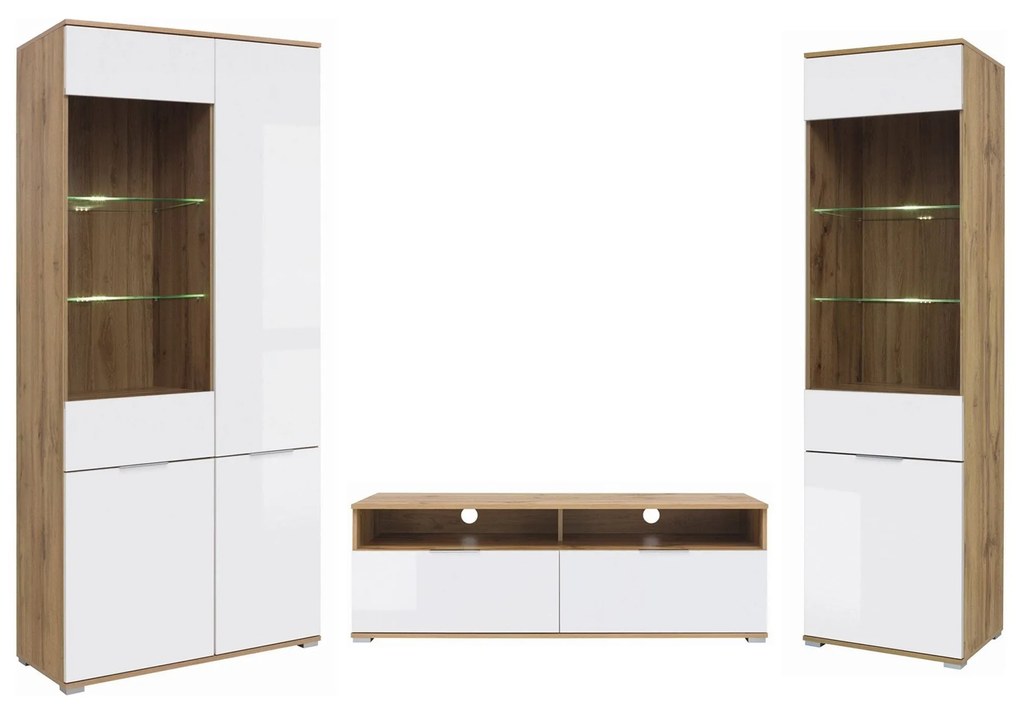 Mobilier living ZLATA, stejar wotan/alb, PAL melaminat/sticla, 3 piese