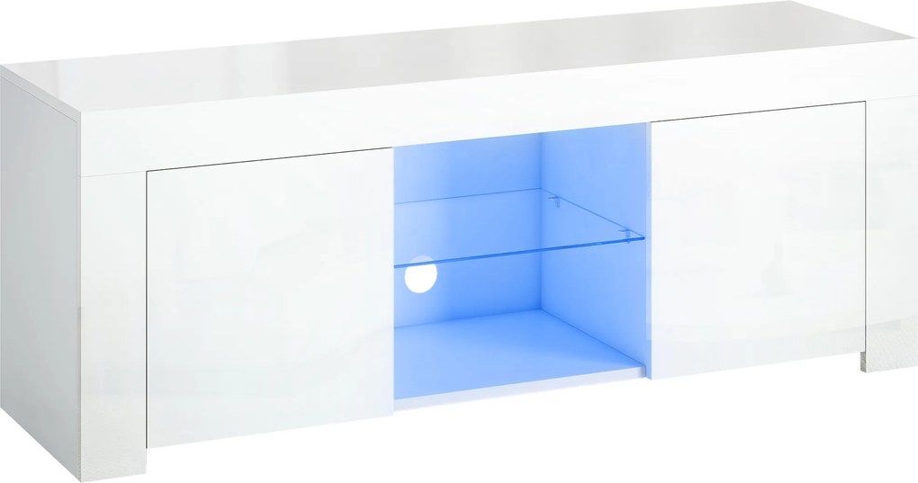 HOMCOM Dulap TV cu iluminare LED, 2 uși, raft din sticlă, orificii pentru cabluri, pentru living, placă aglomerată, Alb | Aosom Romania