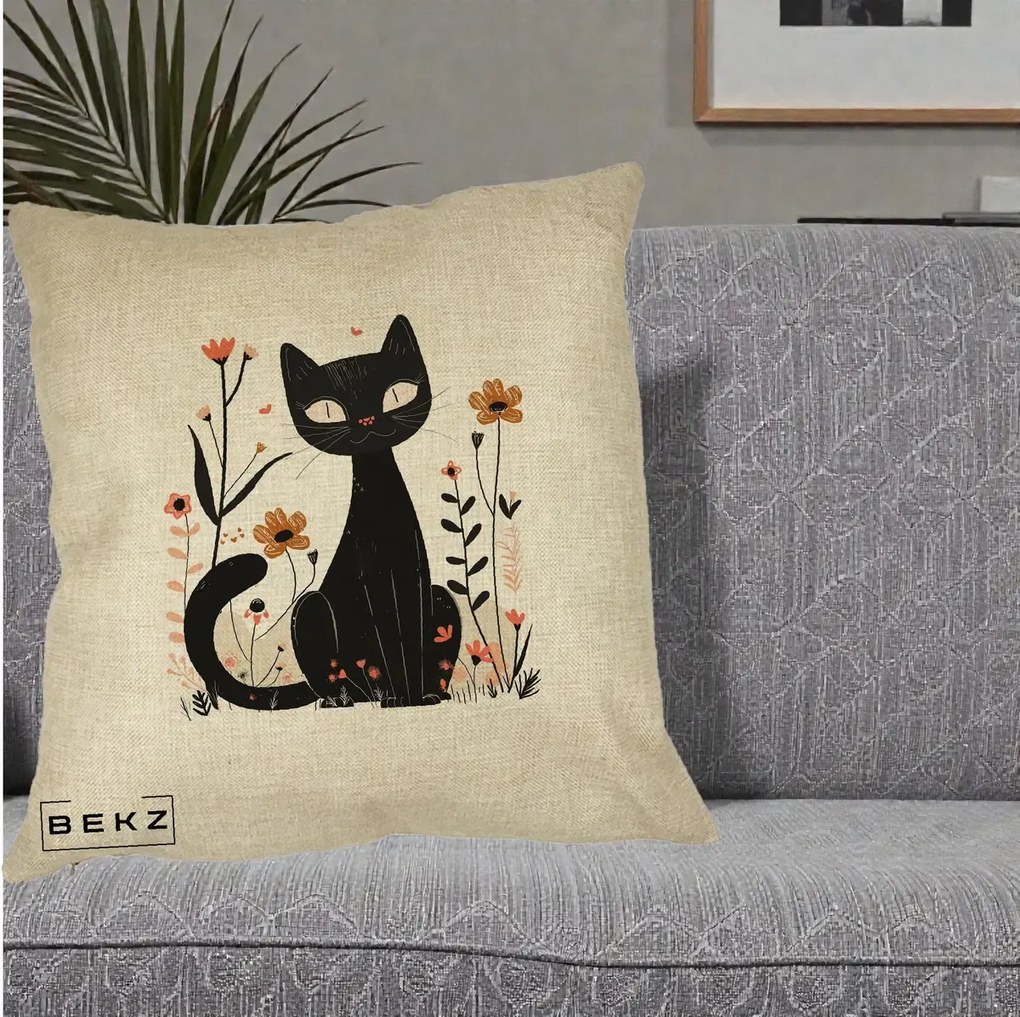 Perna Decorativa Pisica Neagra Flori Pastel Folk, 40x40 cm, Crem, Husa Detasabila, Perna Inclusa, BEKZ®