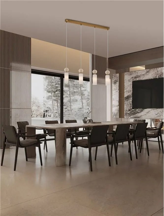 Lustra cu 4 pendule, Metal, Auriu, Travertin, Sticla, FILOMENA
