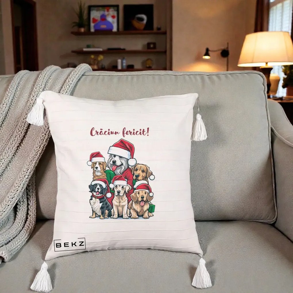 Perna Decorativa Caini cu Bonete Craciun Fericit, 40x40 cm, Bej cu Franjuri, Husa Detasabila, Perna Inclusa, BEKZ®