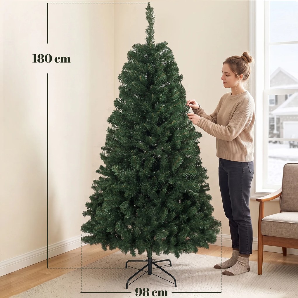 HOMCOM Brad Artificial de Crăciun, 180 cm, 888 Ramuri Ignifuge, Bază Metalică Pliabilă, Verde | Aosom Romania