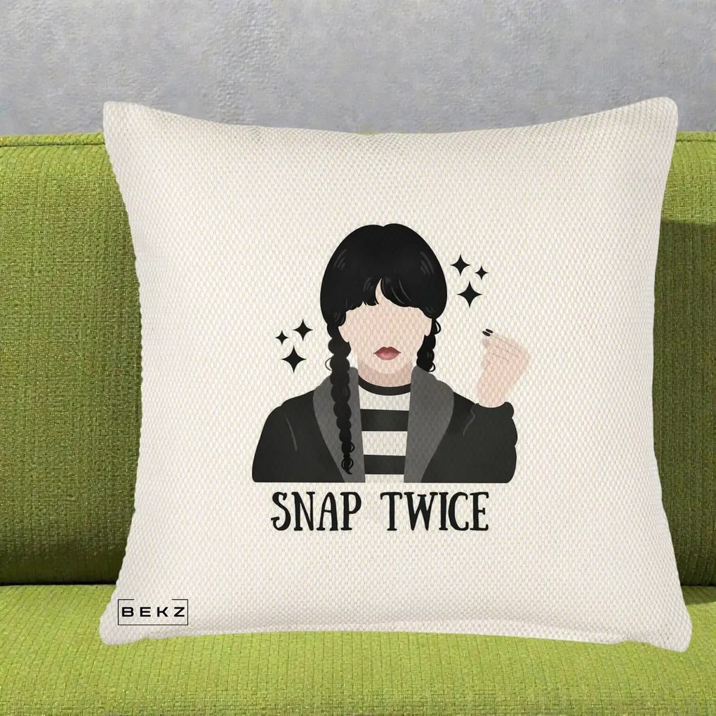 Perna Personalizata Wednesday Snap Twice, 40x40 cm, Crem Reliefat, Husa Detasabila, Perna Inclusa, BEKZ®