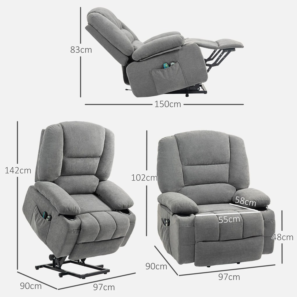 HOMCOM Fotoliu electric de relaxare cu funcție de asistare la ridicare, fotoliu de masaj cu funcții de încălzire, 2 telecomenzi, spumă moale | Aosom Romania