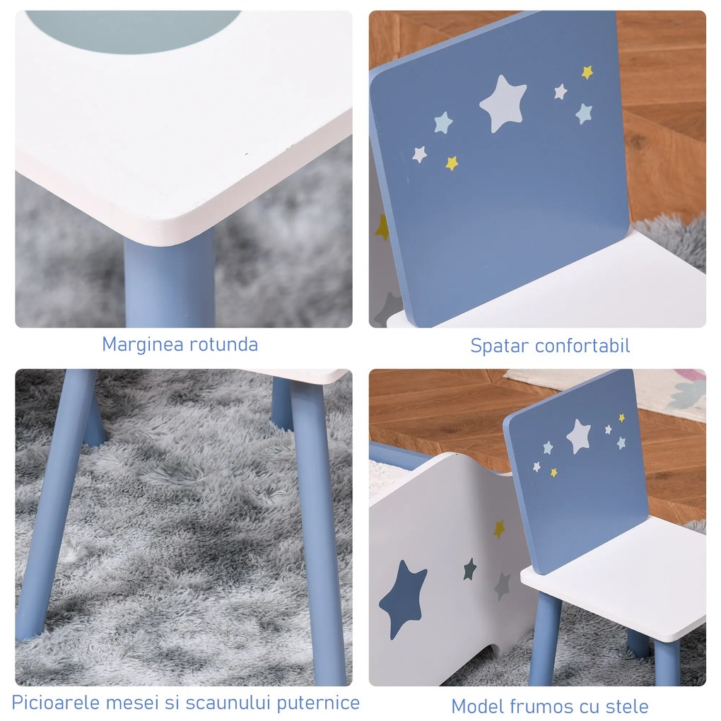 HOMCOM Mobilier Copii 2-6 Ani, Masă și Scaune în Nuanțe de Albastru Deschis și Alb | Aosom Romania