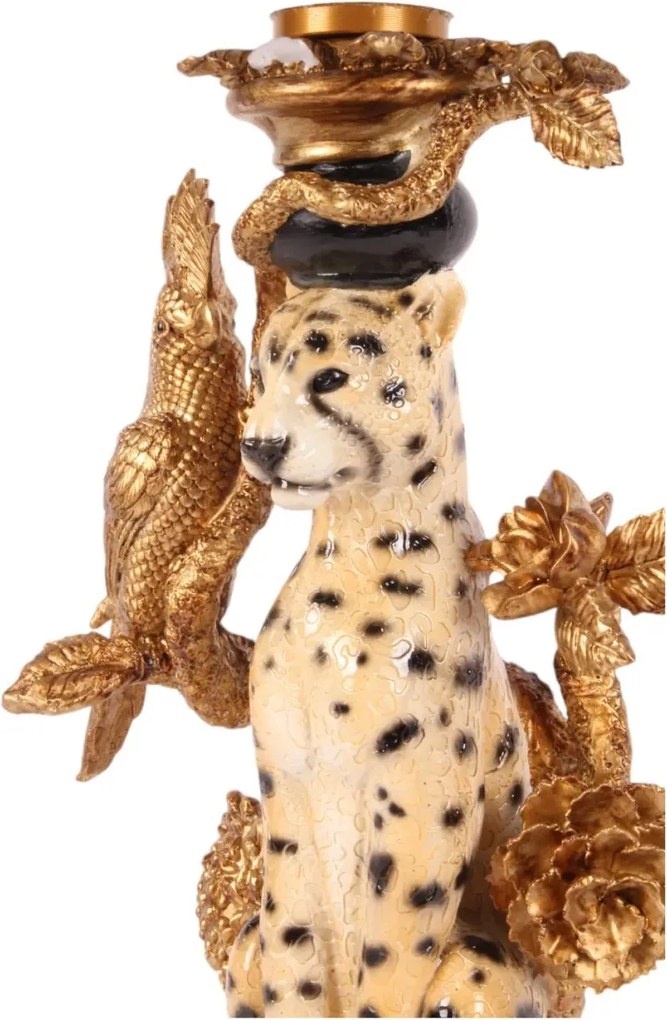 Măsuță laterală sculptată rotundă, auriu și negru, cu bază în formă de leopard și blat din sticlă, 51,5 x 40 cm, „Léopold”