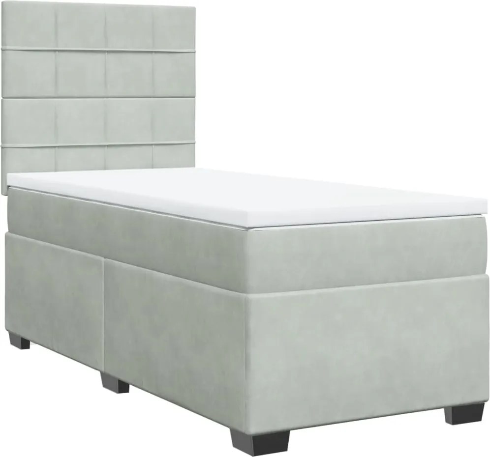 vidaXL Pat box spring cu saltea, gri deschis, 90x200 cm, catifea