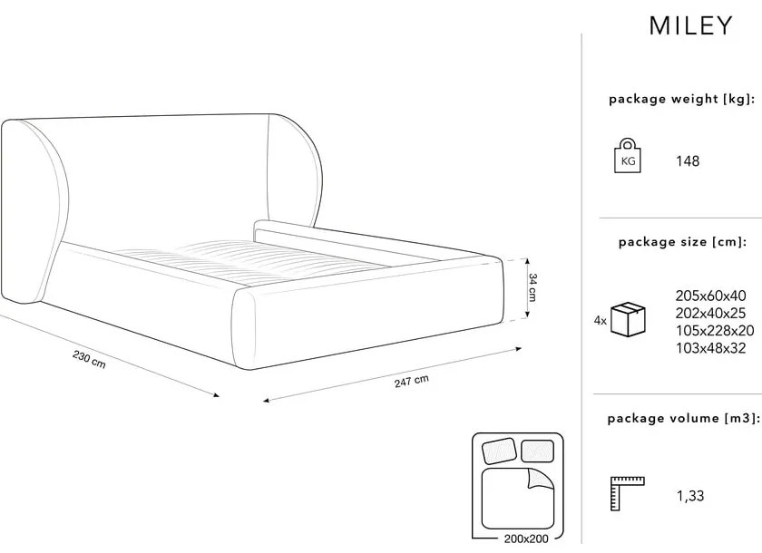 Pat dublu bej tapițat cu spațiu de depozitare și somieră 200x200 cm Miley – Micadoni Home
