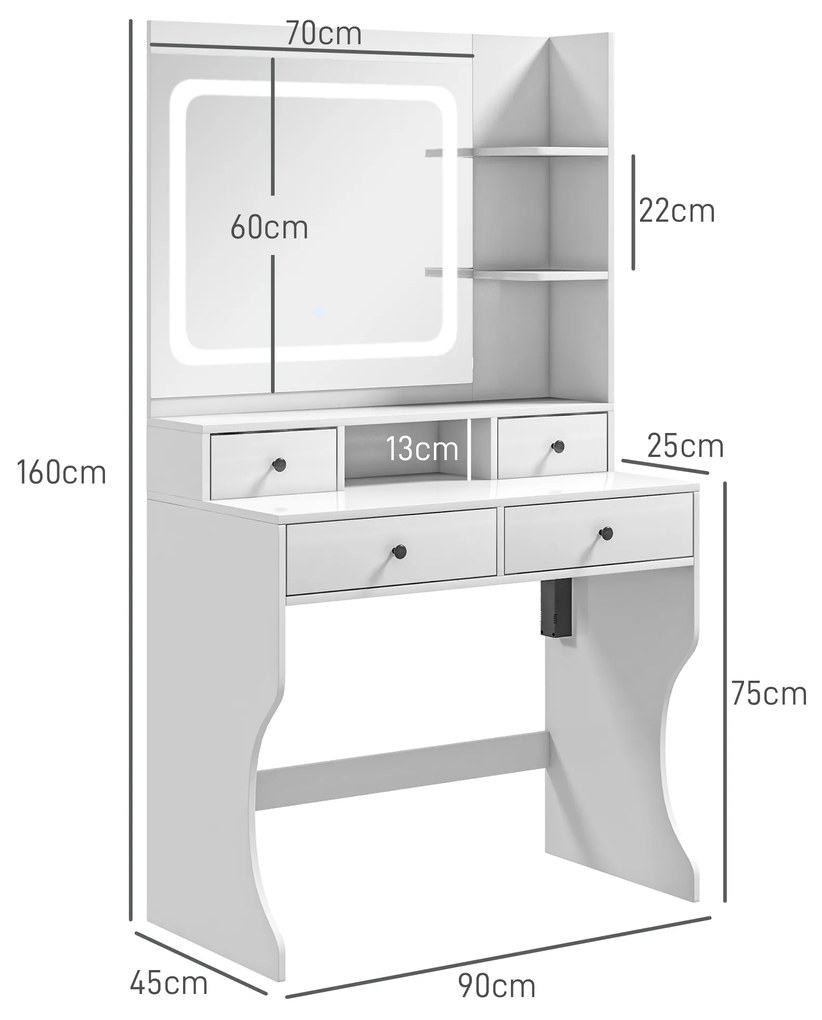 HOMCOM Masă de Toaletă cu Oglindă Iluminată LED, Masă de Machiaj cu Stație de Încărcare, 4 sertare și rafturi de depozitare, 90x45x160 cm, Alb