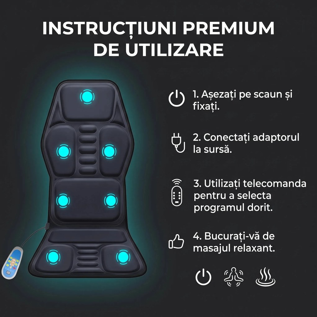 Saltea masaj scaun cu vibratii si incalzire, 9 noduri, spate si coapse, Gri