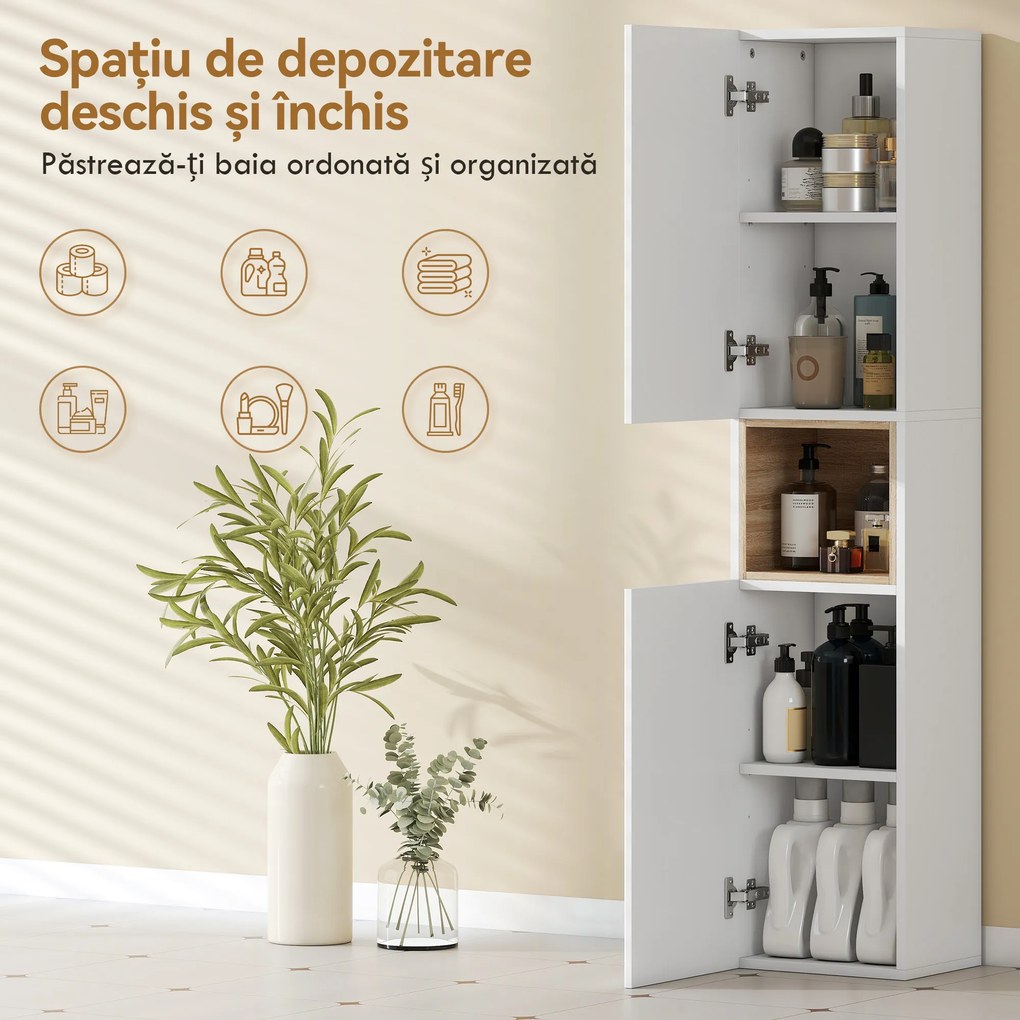 HOMCOM Mobilier de Baie cu 2 Uși, Rafturi Reglabile și Spațiu Deschis, Lemn, 30x24x140 cm, Alb | Aosom Romania