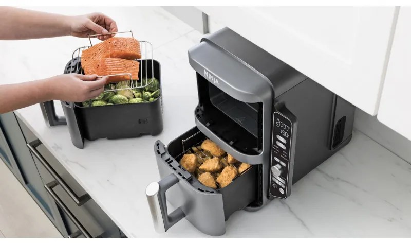 Friteuza cu aer cald Ninja Double Stack XL, 2470 W, capacitate 9.5 litri, interval temperatura 40 - 240 °C, doua zone de gatit, 6 programe, gri
