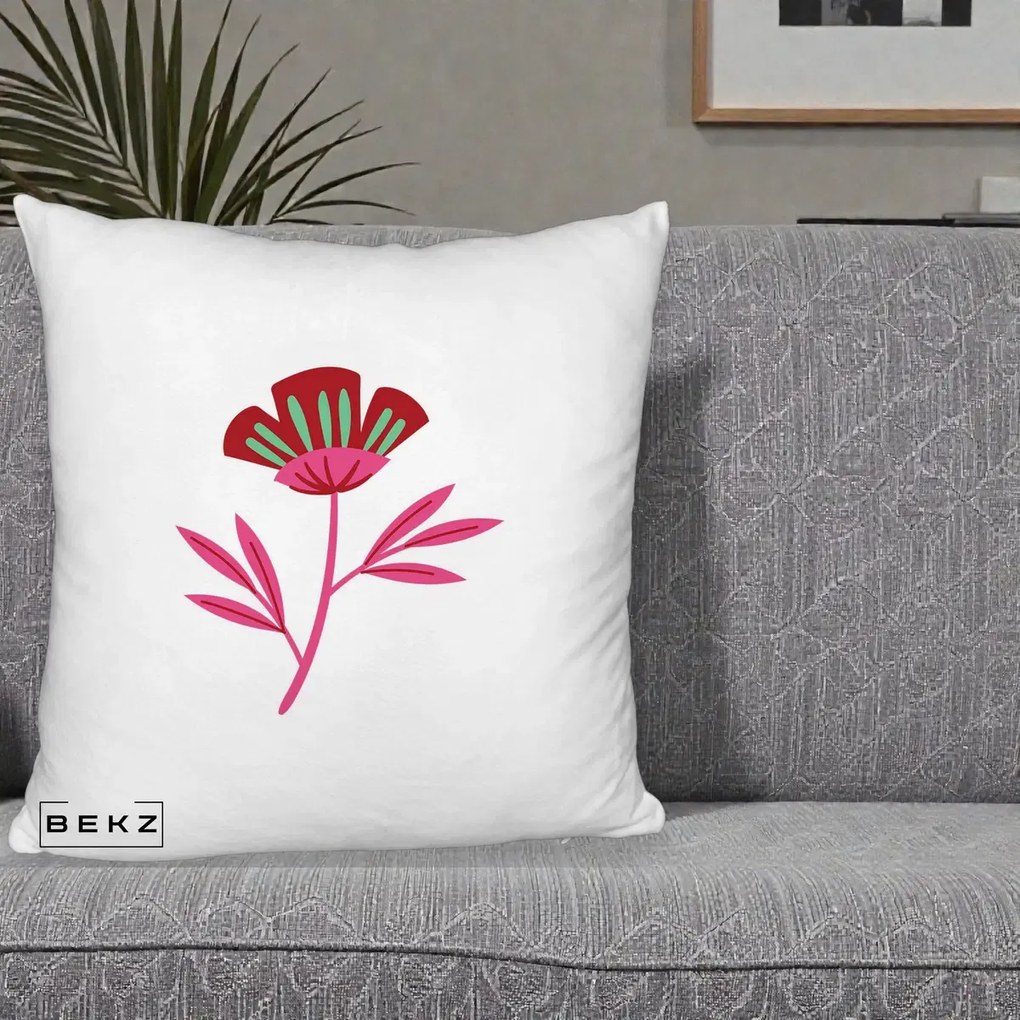 Perna Decorativa Floare Macul Roz-Rosu Grafic, 40x40 cm, Alb Pufos, Husa Detasabila, Perna Inclusa, BEKZ®