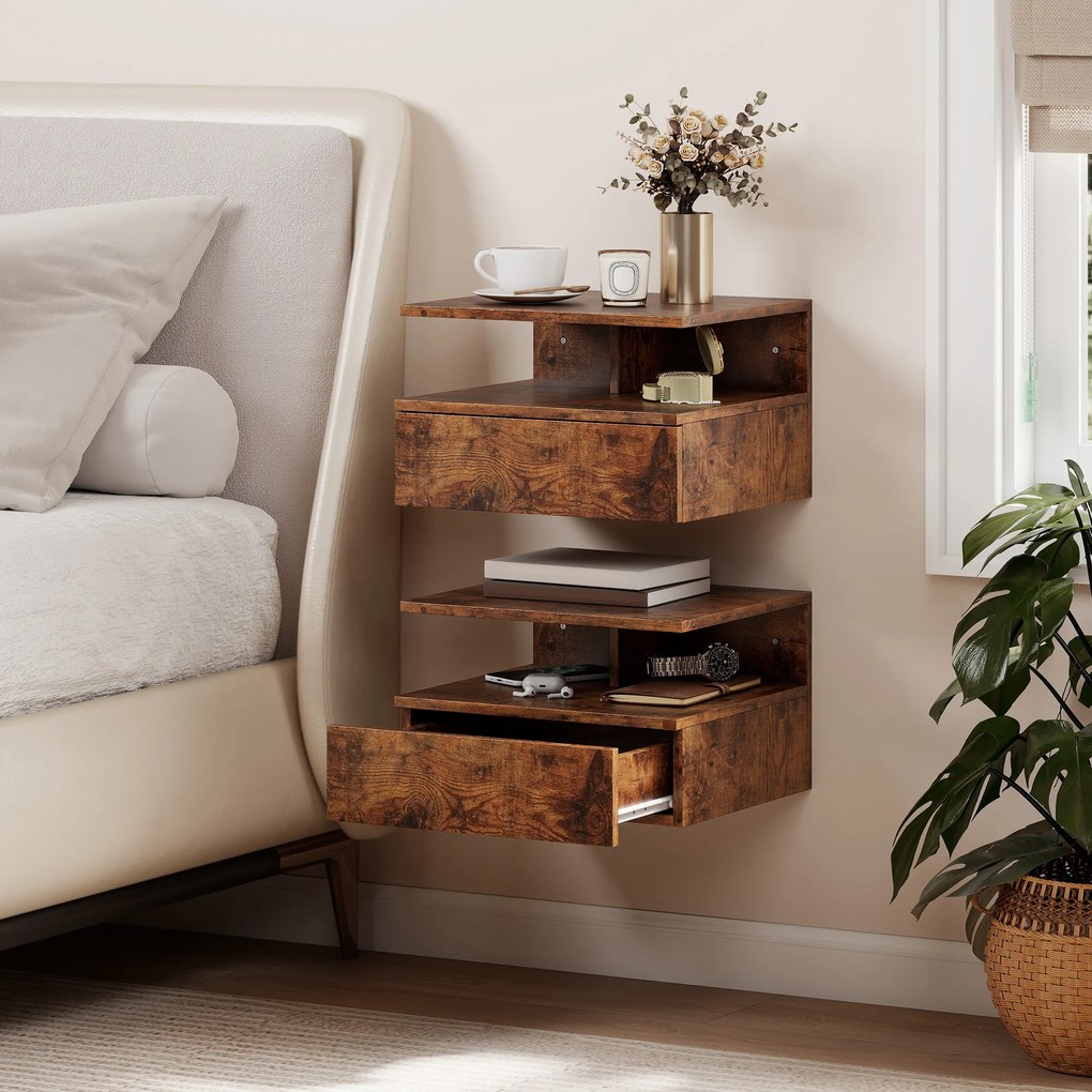 HOMCOM Set de 2 Noptiere Suspendate cu Sertar și Raft Deschis, 35x32x22.5 cm, Maro Rustic | Aosom Romania