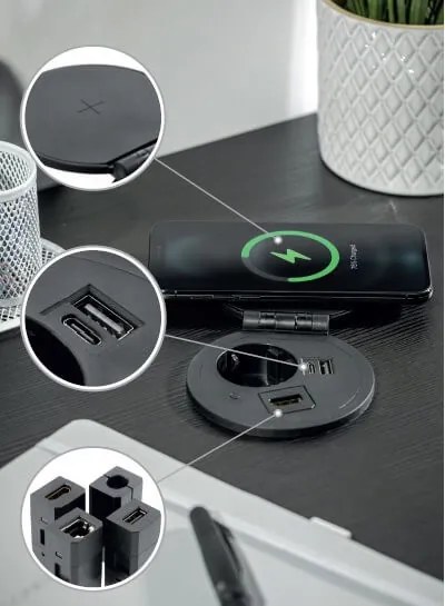 Priza incorporabila rotunda, 1 priza schuko, USB A+C + 1 port interschimbabil(USB A, HDMI, RJ45), incarcare Wireless 5 W, cablu 1.5 m, neagra, GTV