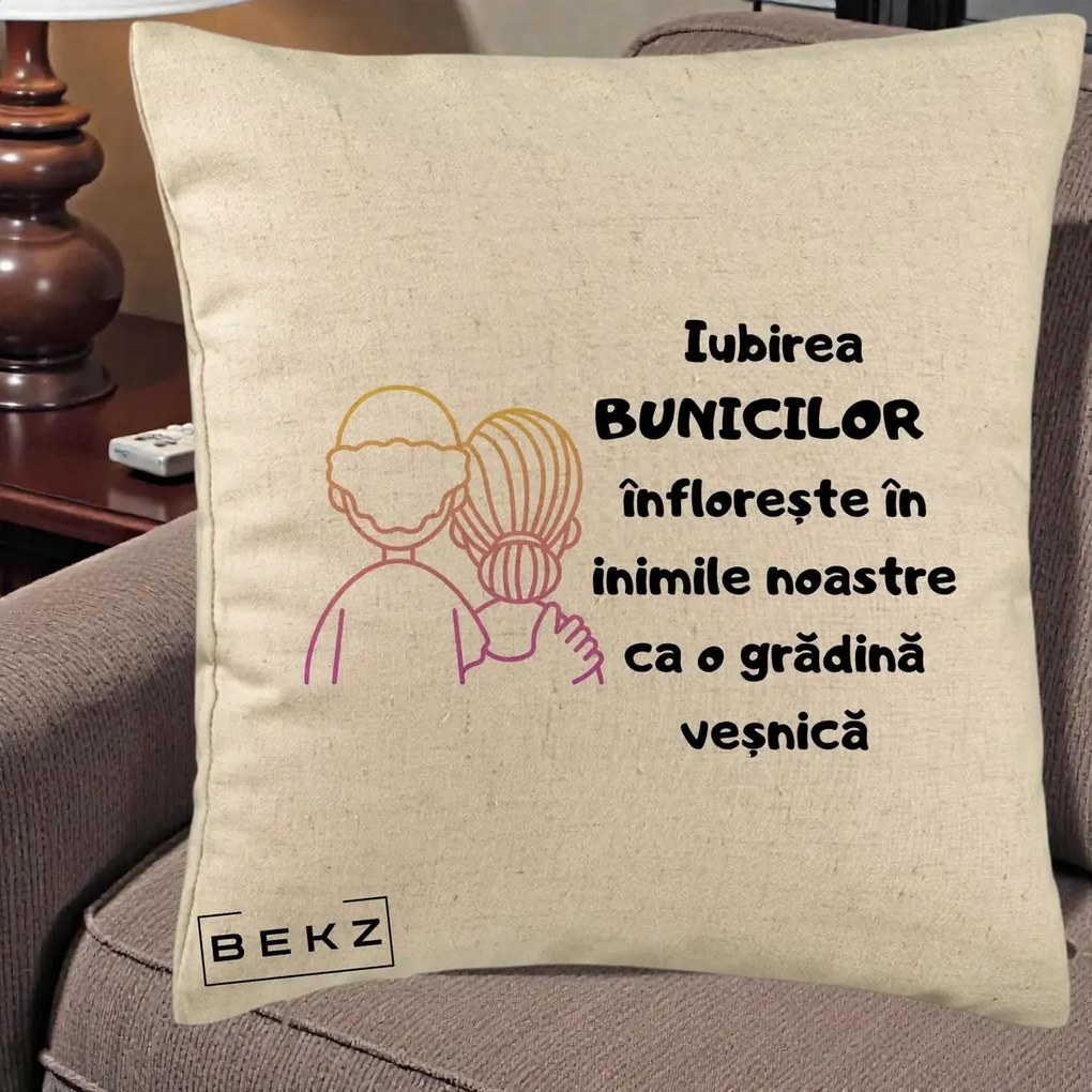 Cadou pentru Bunici - Perna Personalizata Iubirea Bunicilor Infloreste Cuplu Line Art Gradient, 40x40 cm, Bej, Husa Detasabila, Perna Inclusa, BEKZ®