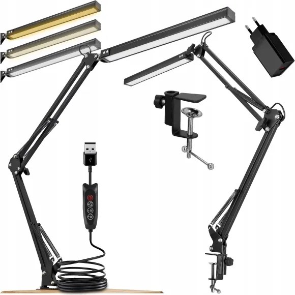 Lampă de birou LED reglabilă cu clemă, 10W, 5V, 3000/4000/6000K, neagră