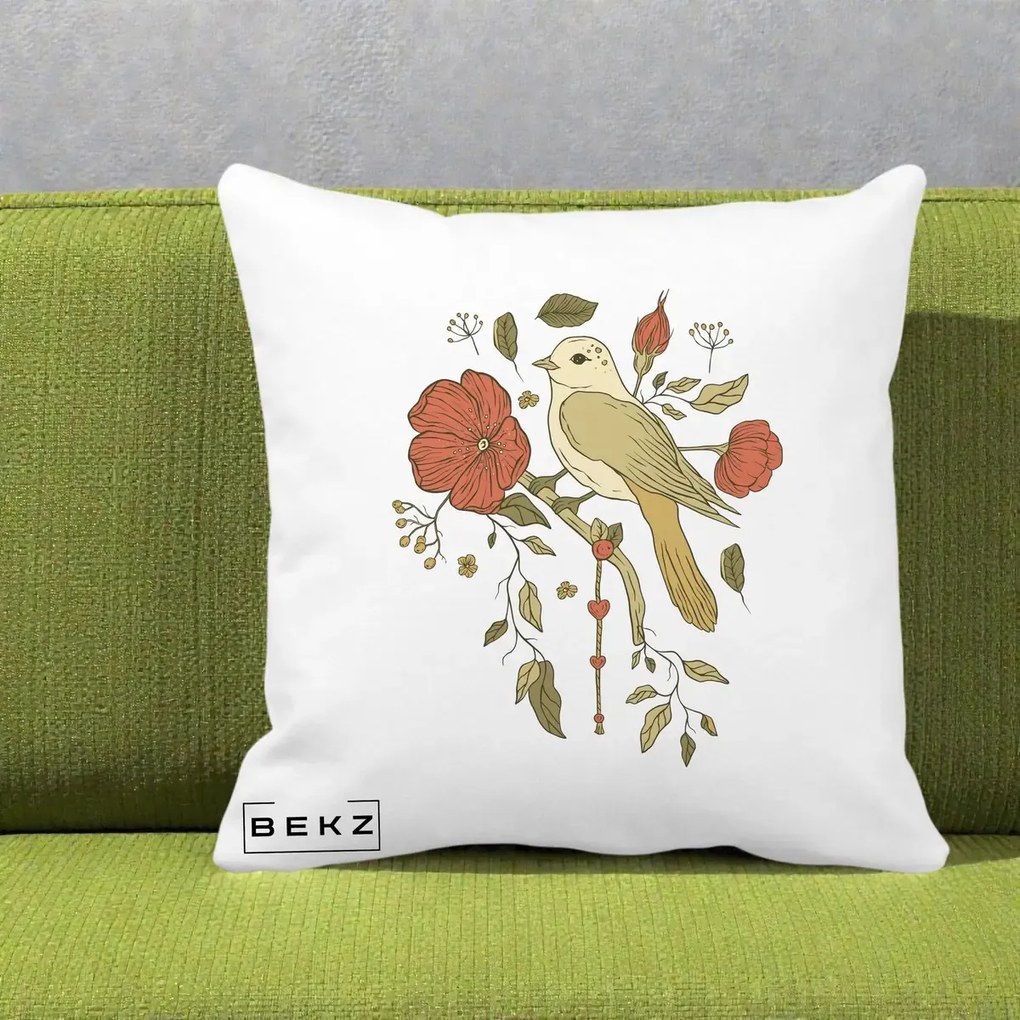 Perna Decorativa Pasare pe Ramura cu Maci, 40x40 cm, Alba Mata, Husa Detasabila, Perna Inclusa, BEKZ®
