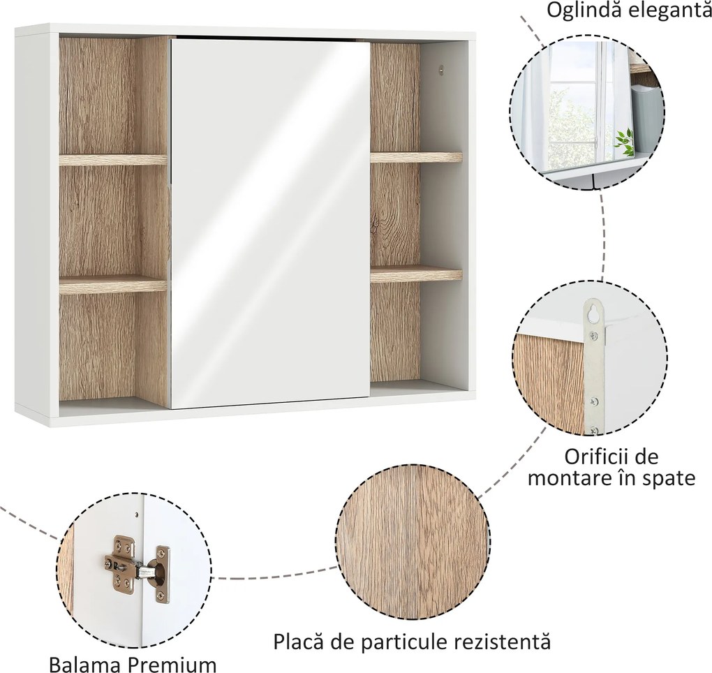 HOMCOM Dulap cu Oglinda din MDF si PAL, Dulap de Baie cu 3 Rafturi Laterale si Raft Interior Reglabil, 60x14.5x49.4 cm, Alb si Lemn Natur | Aosom RO