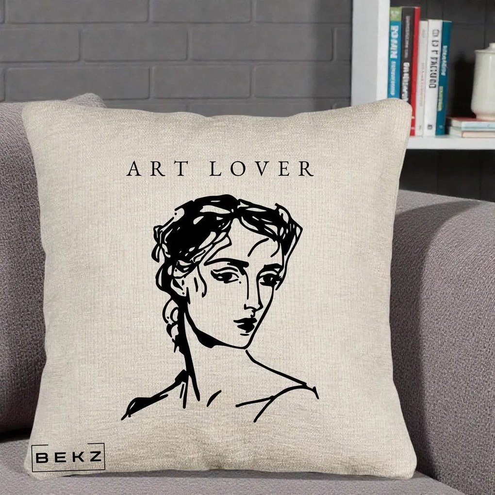 Perna Decorativa Art Lover Portret Grafic, 40x40 cm, Bej Canapea, Husa Detasabila, Perna Inclusa, BEKZ®