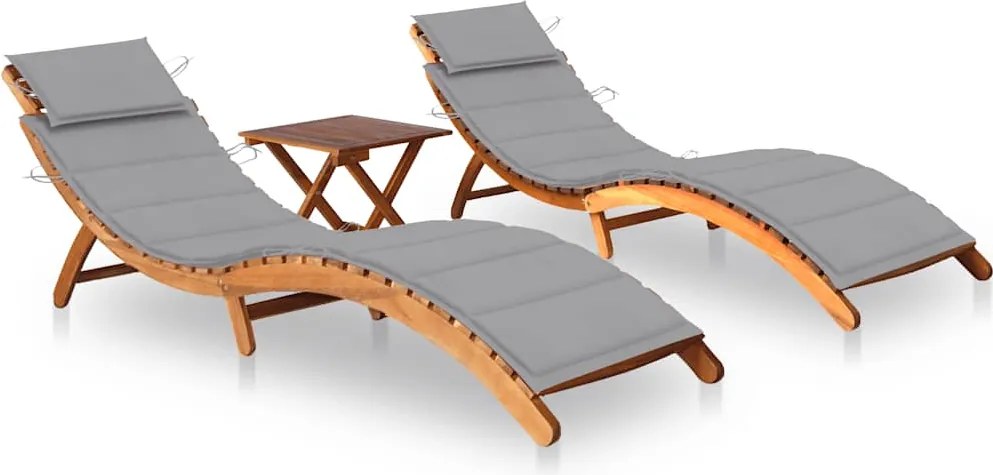 vidaXL Șezlonguri, 2 buc., cu masă și perne, lemn masiv de acacia