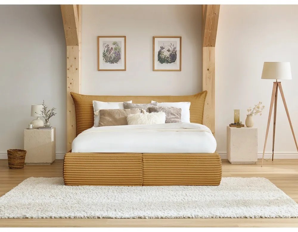 Pat matrimonial galben tapițat cu spațiu de depozitare cu somieră 160x200 cm Jade – Bobochic Paris