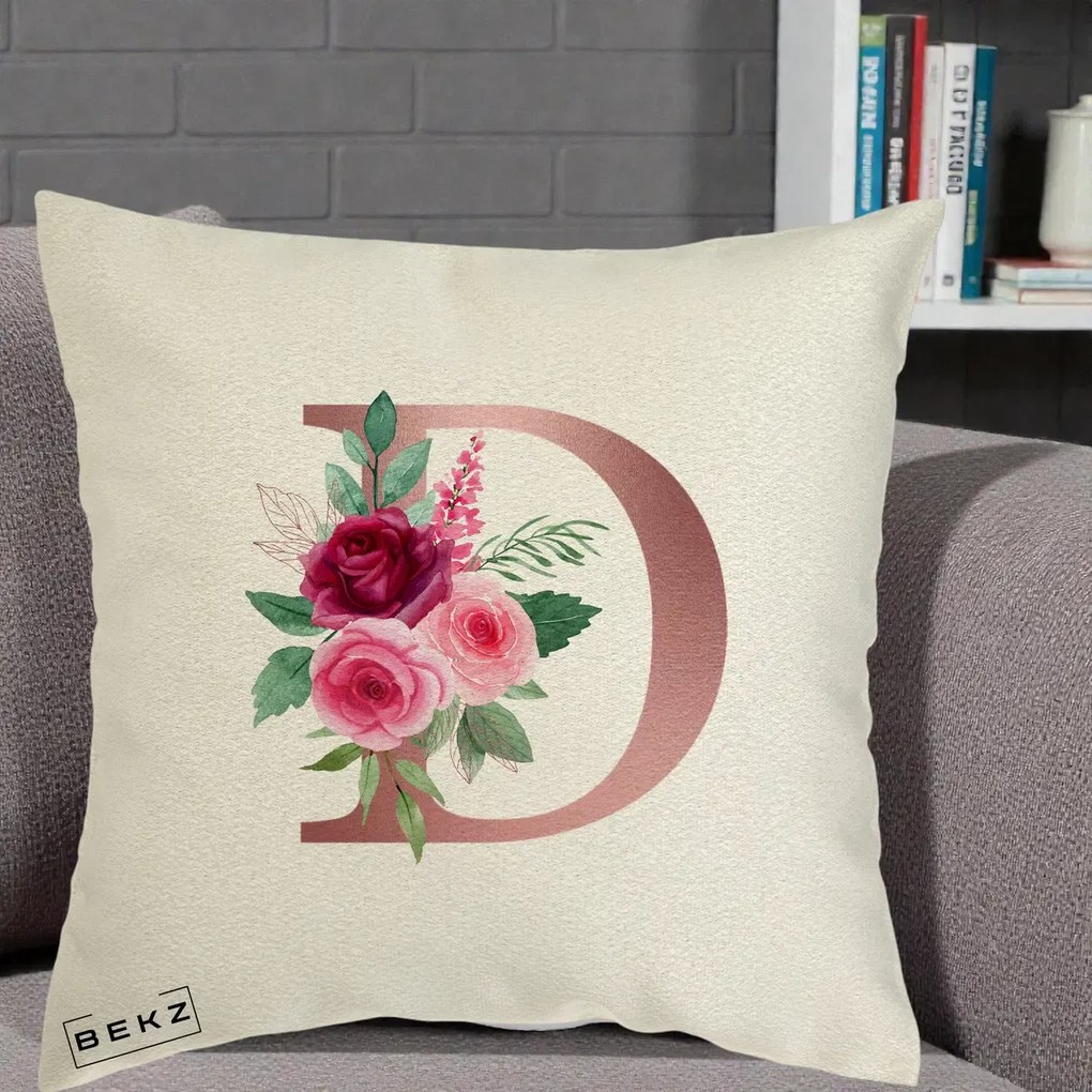 Cadou Personalizat - Perna Personalizata Monograma Rose Gold Litera D, 40x40 cm, Ecru, Husa Detasabila, Perna Inclusa, BEKZ®