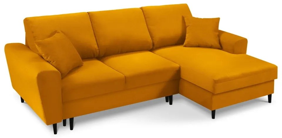 Colțar galben muștar extensibil, cu spațiu de depozitare cu tapițerie din catifea reiată (cu colț pe partea dreaptă, cu șezlong) Kyoto – Cosmopolitan Design