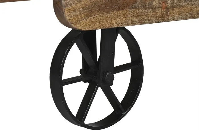 Măsuță de cafea dreptunghiulară din lemn de mango, natur, cu blat din lamele, pe roți, finisaj mat, 32 x 130 x 80 cm, „Rolven” – Ethnic Collections