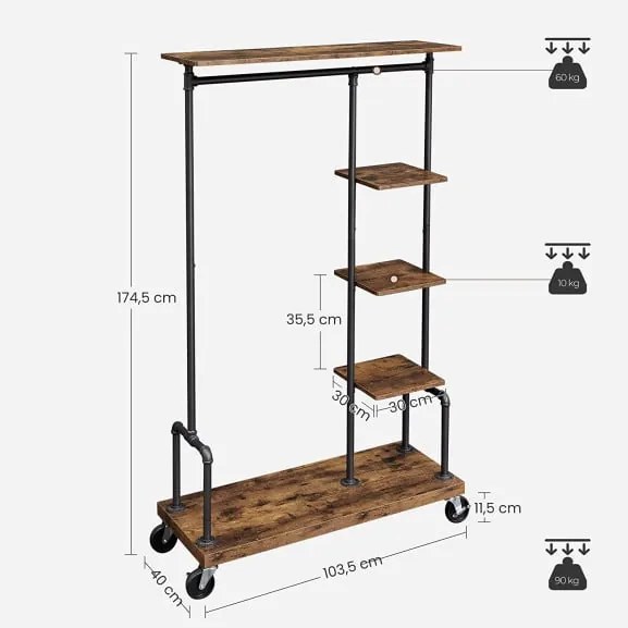 Suport Pentru Haine Pe Roti, Maro Rustic Si Negru, 103.5 Cm