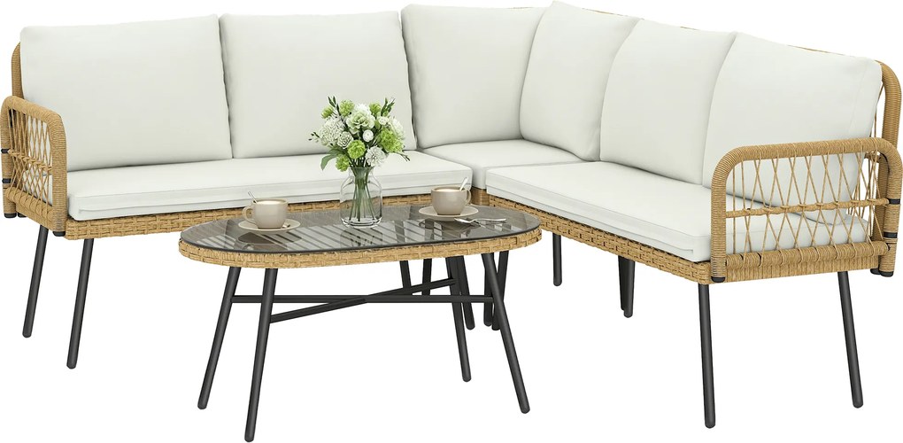 Outsunny Set mobilier din Polyrattan 4 piese, set lounge cu canapea de colț canapea dublă masă din sticlă perne detașabile până la 5 persoane | Aosom Romania