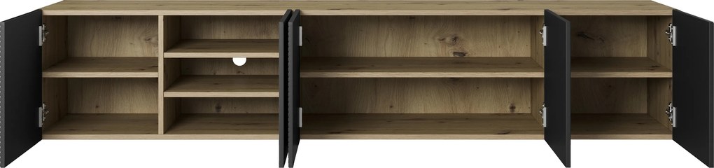 Comodă TV suspendată cu front striat Asha 200 cm - artisan / negru mat