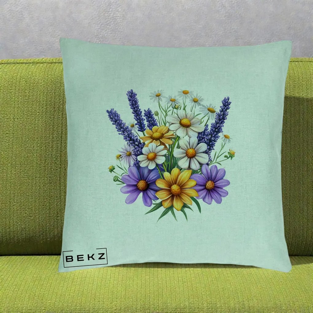 Perna Decorativa Lavanda Musetel si Flori Mov, 40x40 cm, Verde Menta, Husa Detasabila, Perna Inclusa, BEKZ®