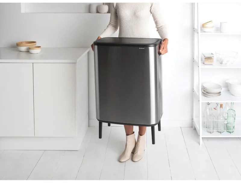 Cos de gunoi Brabantia Bo Touch Hi 1001265, 2x30 L, Perfect langa perete, Reglare pe picior, Rezistent la amprente, Inox/mat