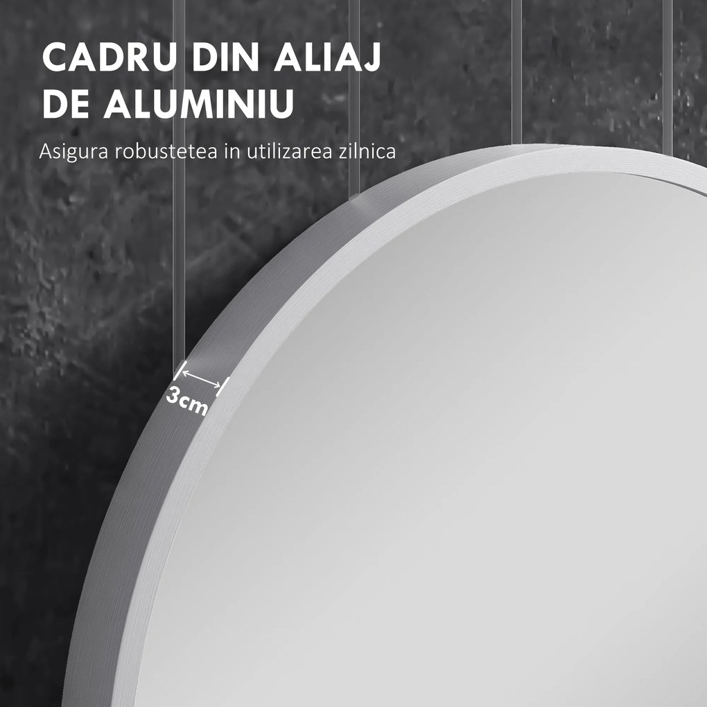 HOMCOM Oglindă Ovală pentru Baie, Oglindă Modernă de Perete cu Rama din Aluminiu și Montaj Vertical sau Orizontal, 60x90 cm, Argintiu | Aosom Romania