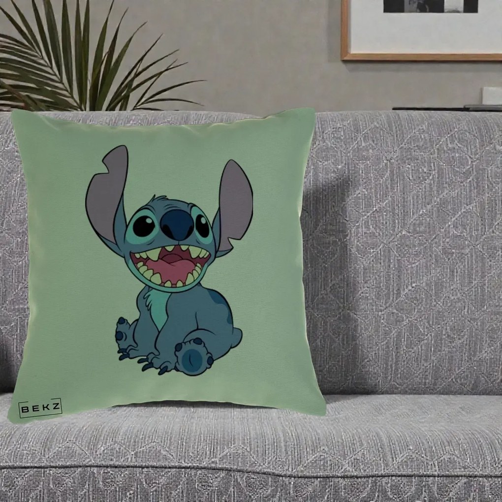 Perna Personalizata Stitch Zambitor, 40x40 cm, Verde, Husa Detasabila, Perna Inclusa, BEKZ®