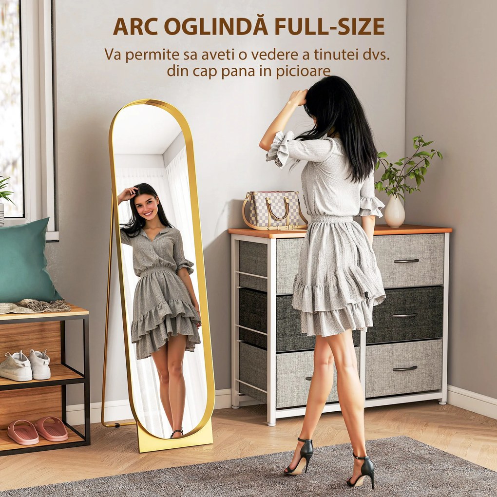 HOMCOM Oglindă de Podea Autoportantă din Metal 40x150 cm Auriu | Aosom Romania