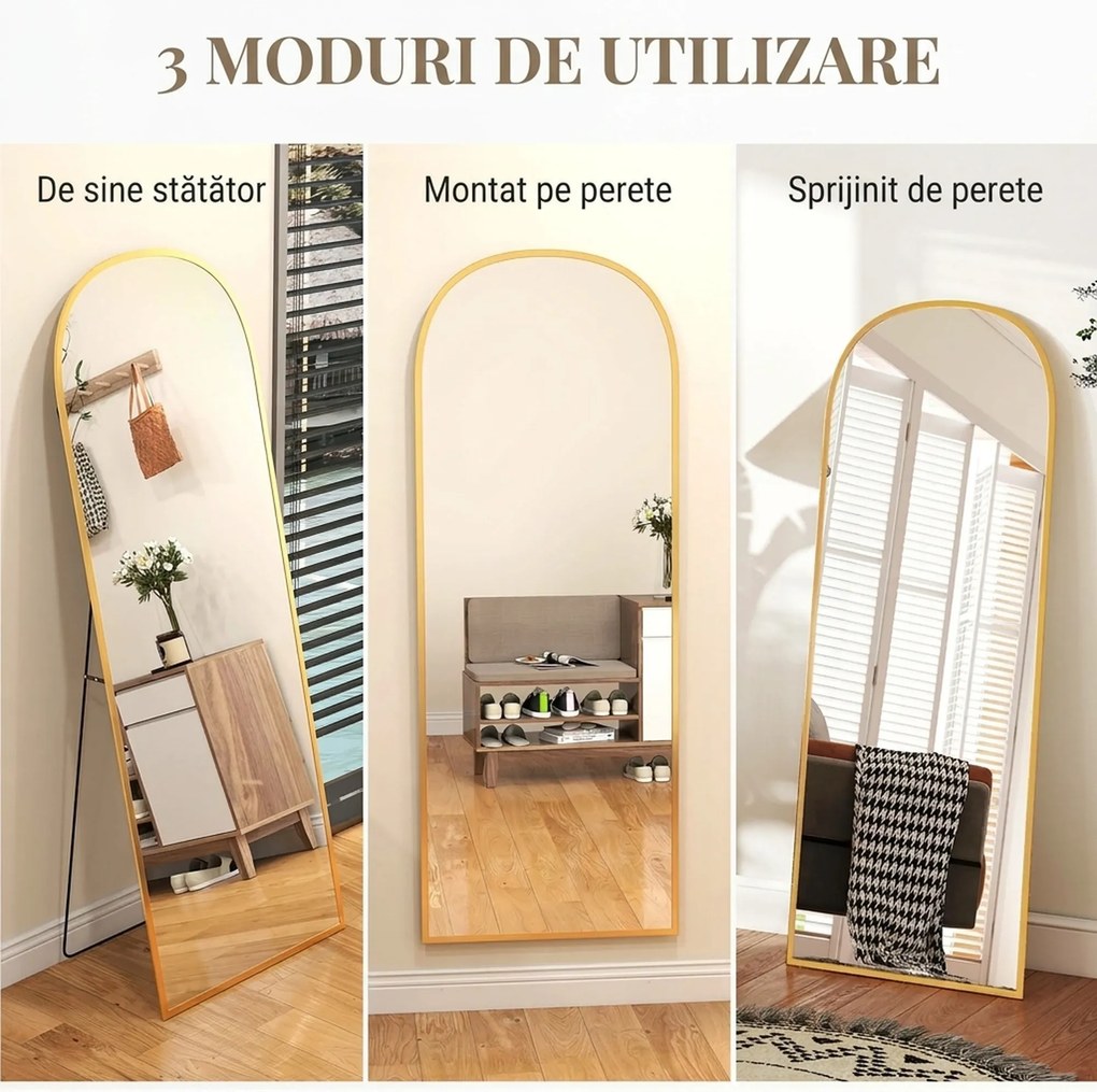 HOMCOM Oglindă Modernă de Podea și Perete din Aliaj de Aluminiu cu Suport Pliabil, 59 x 161,5 cm, Auriu | Aosom Romania