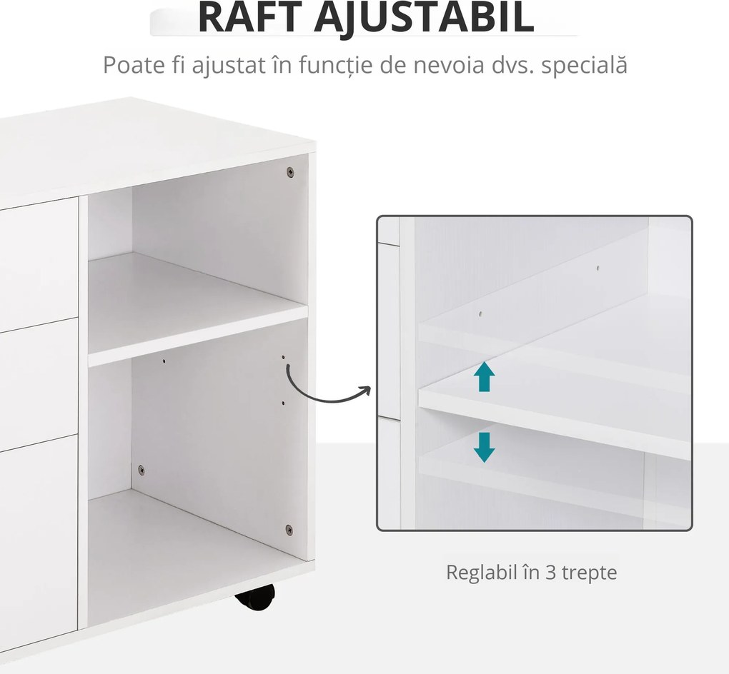 HOMCOM Mobilier Multifuncțional pentru Imprimantă cu 3 Sertare, Birou pe Roti, 80x40x65cm, Spațiu de Depozitare, Alb | Aosom Romania
