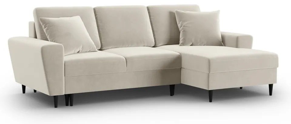 Colțar bej extensibil, cu spațiu de depozitare cu tapițerie din catifea (cu colț pe partea dreaptă, cu șezlong) Kyoto – Cosmopolitan Design