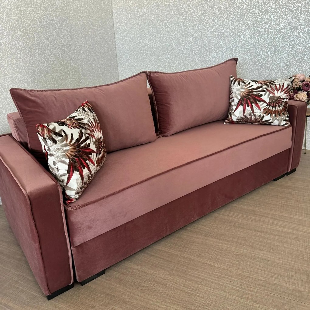 Canapea LARISA extensibila, 3 locuri, cu lada de depozitare, catifea roz, 220x95x85 roz, Catifea