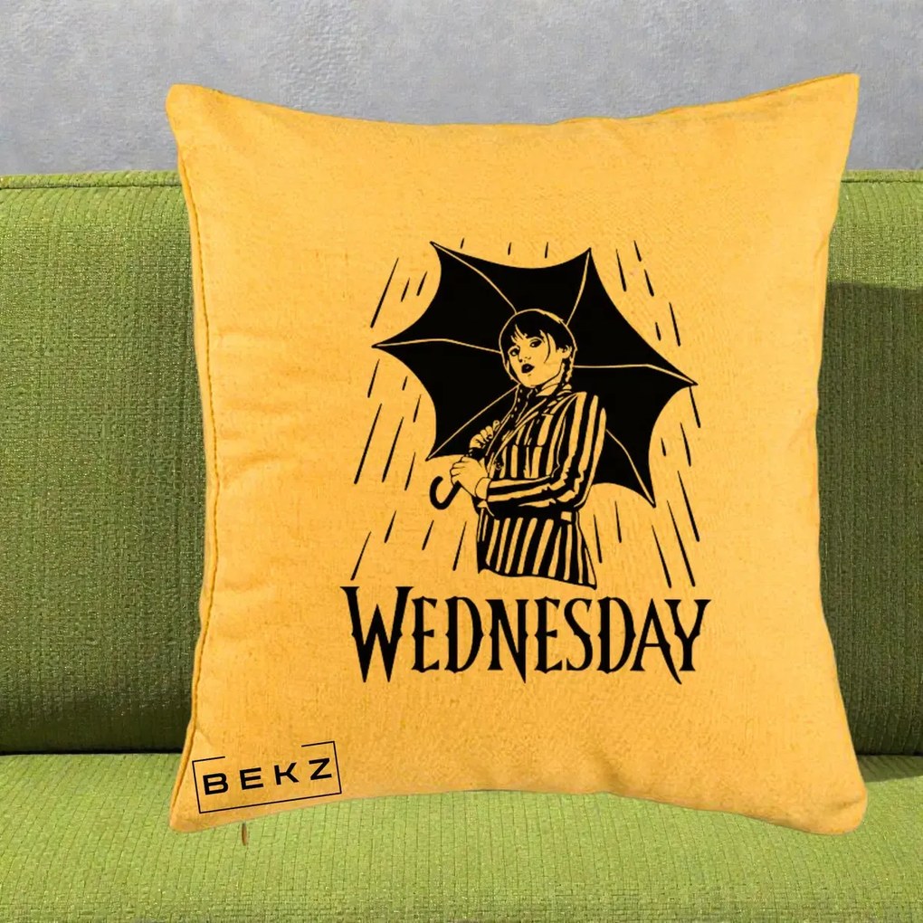 Perna Personalizata Wednesday cu Umbrela Ploaie Lineart, 40x40 cm, Galben, Husa Detasabila, Perna Inclusa, BEKZ®