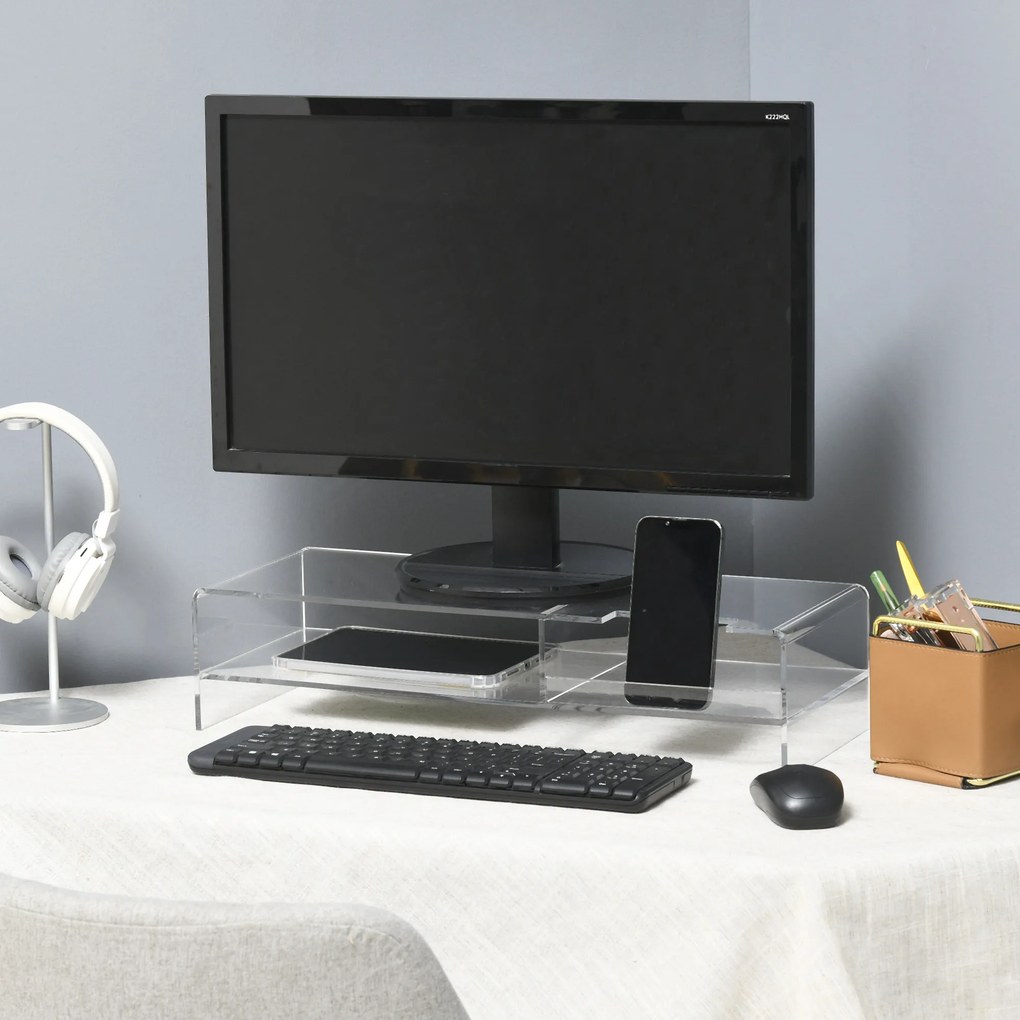 HOMCOM Suport Monitor Acrilic cu 2 Rafturi, Suport Ergonomic pentru PC, Transparent, 50.8x19x12 cm, Ideal pentru Birouri Moderne | Aosom Romania