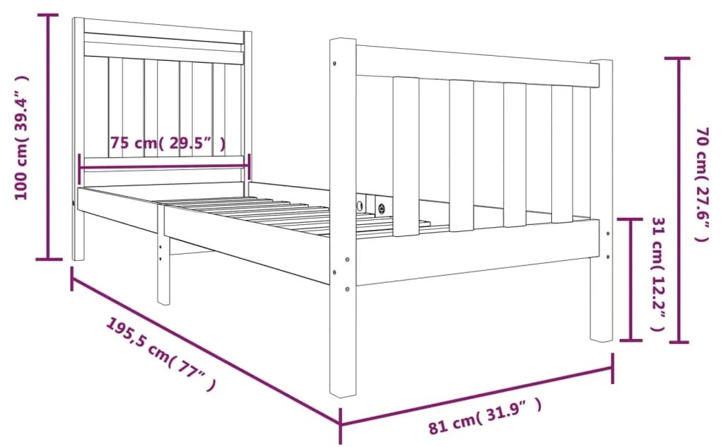 Cadru de pat Small Single 2FT6, alb, 75x190 cm, lemn masiv Alb, 75 x 190 cm