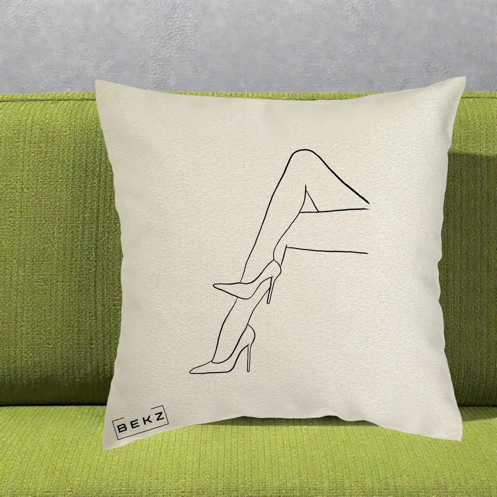 Perna Decorativa Picioare cu Tocuri Line Art, 40x40 cm, Ecru, Husa Detasabila, Perna Inclusa, BEKZ®
