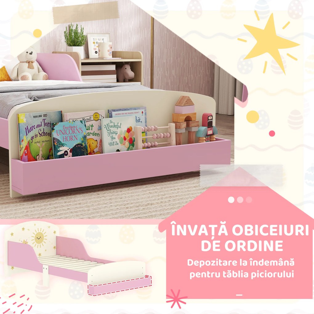 AIYAPLAY Pat copii mic, cadru cu design stele și spațiu de depozitare, roz | Aosom Romania